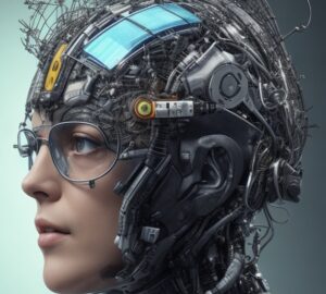 Eine Frau ist am Kopf mit KI verkabelt